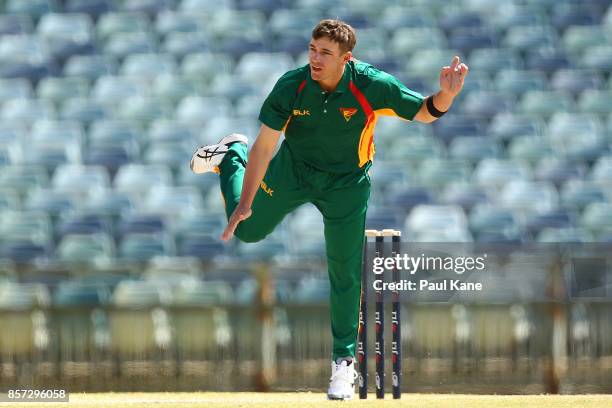 Cameron Boyce of the Tigers bowls during the JLT One Day Cup match between Victoria and Tasmania at WACA on October 4, 2017 in Perth, Australia.