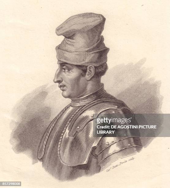 Portrait of the Italian military leader Niccolo Fortebraccio also known as della Stella , copper engraving by Caterina Piotti-Pirola, from...