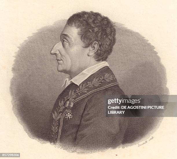 Portrait of the Italian mathematician and astronomer Joseph-Louis Lagrange, or Giuseppe Lodovico Lagrangia , copper engraving by Locatelli from a...