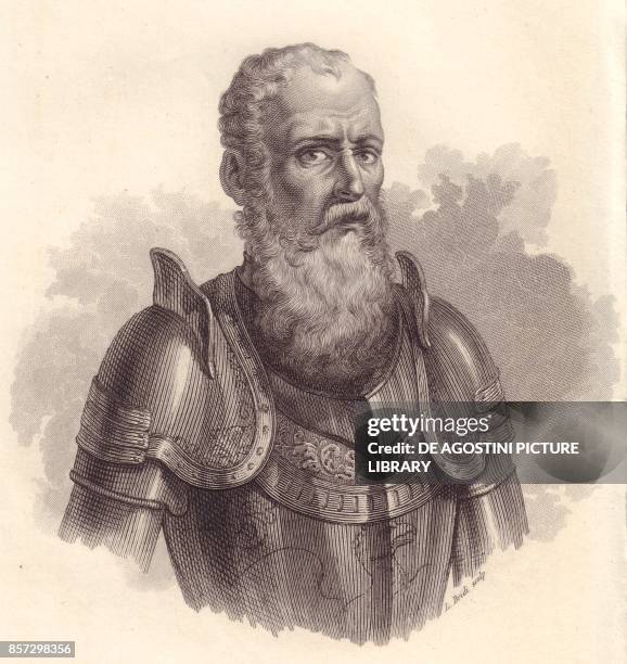 Portrait of the Italian military leader Ezzelino III da Romano or Ecelino da Romano , copper engraving, from Iconografia italiana degli uomini e...