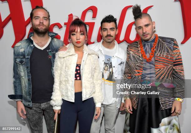 Jack Lawless, JinJoo Lee, Joe Jonas, and Cole Whittle of music group DNCE attend the Westfield Century City Reopening Celebration on October 3, 2017...