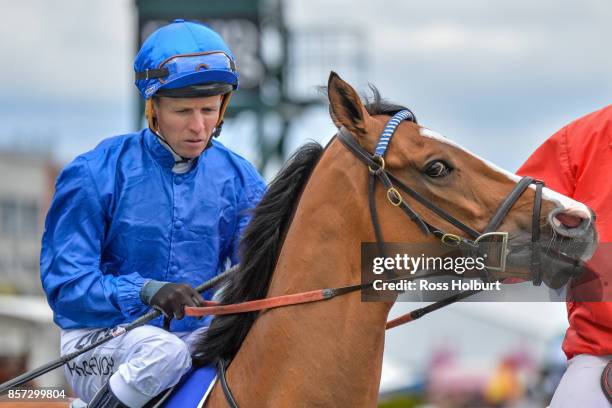 Hartnell ridden by Kerrin McEvoy before the Hyland Race Colours Underwood Stakes at Caulfield Racecourse on October 01, 2017 in Caulfield, Australia.