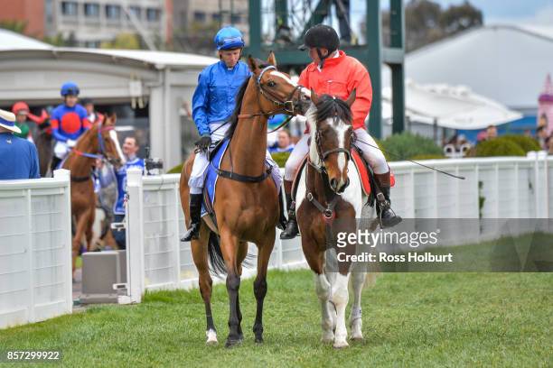 Hartnell ridden by Kerrin McEvoy before the Hyland Race Colours Underwood Stakes at Caulfield Racecourse on October 01, 2017 in Caulfield, Australia.