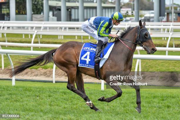He's Our Rokkii ridden by Regan Bayliss before the Hyland Race Colours Underwood Stakes at Caulfield Racecourse on October 01, 2017 in Caulfield,...