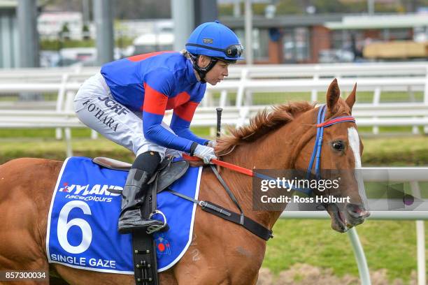 Single Gaze ridden by Kathy O'Hara before the Hyland Race Colours Underwood Stakes at Caulfield Racecourse on October 01, 2017 in Caulfield,...