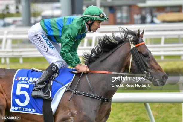 Inference ridden by Dwayne Dunn before the Hyland Race Colours Underwood Stakes at Caulfield Racecourse on October 01, 2017 in Caulfield, Australia.