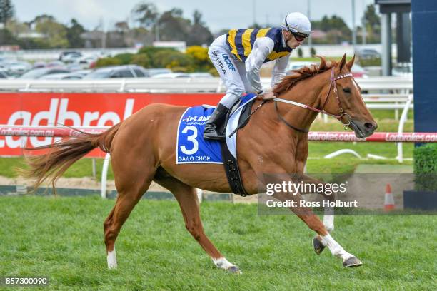 Gailo Chop ridden by Mark Zahra before the Hyland Race Colours Underwood Stakes at Caulfield Racecourse on October 01, 2017 in Caulfield, Australia.