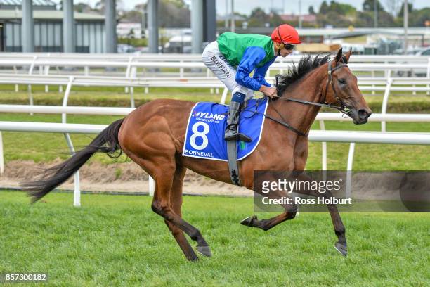 Bonneval ridden by Hugh Bowman before the Hyland Race Colours Underwood Stakes at Caulfield Racecourse on October 01, 2017 in Caulfield, Australia.