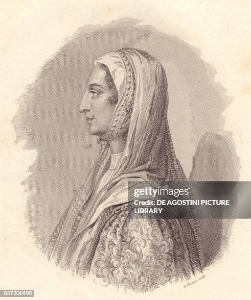 Portrait of the Italian noblewoman Beatrice Lascaris di Tenda , copper engraving by G Fusinati from the portrait published by Antonio Campo, from...