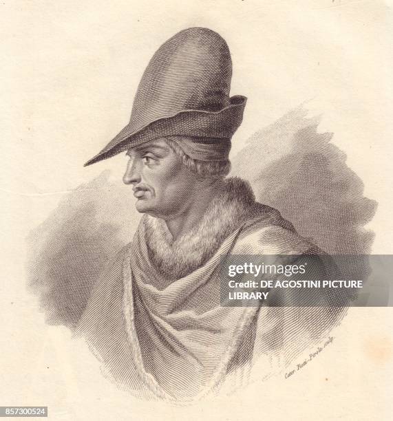 Portrait of the Italian military leader Uguccione della Faggiola , copper engraving by Caterina Piotti-Pirola, from Iconografia italiana degli uomini...