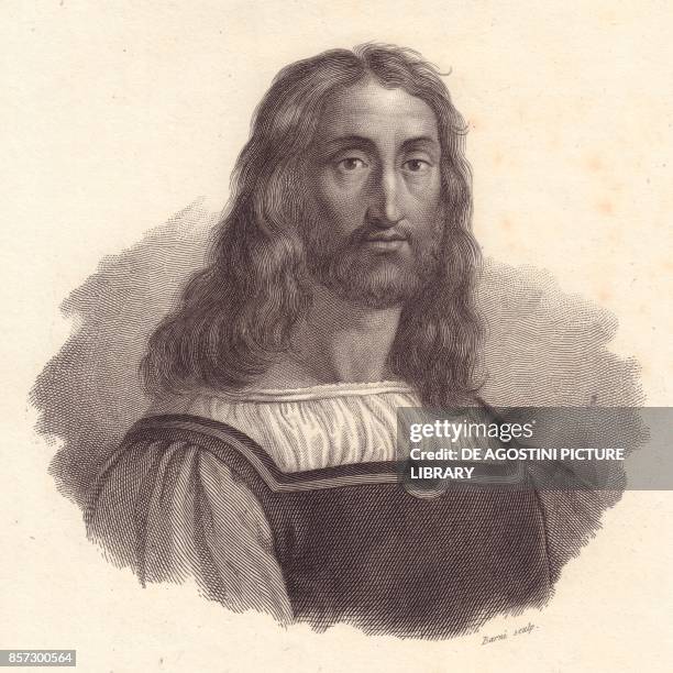 Portrait of Italian engraver Marcantonio Raimondi , copper engraving by Barni from a painting by Raffaello Sanzio, from Iconografia italiana degli...