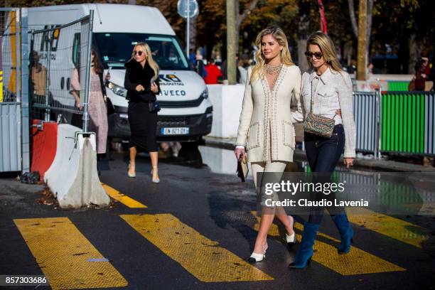 Lala Rudge Trussardi and Helena Bordon are seen before the Chanel show during Paris Fashion Week Womenswear SS18 on October 3, 2017 in Paris, France.