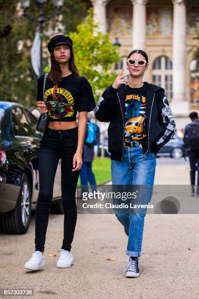 Models Yasmin Wijnaldum and Vittoria Ceretti are seen on the streets of Paris, after the Chanel show during Paris Fashion Week Womenswear SS18 on...
