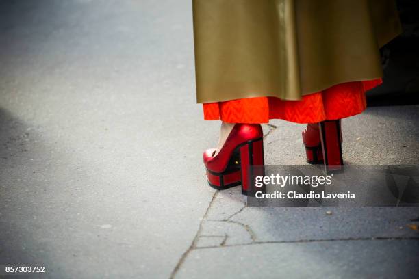 Guest, shoes details, are seen before the Chanel show during Paris Fashion Week Womenswear SS18 on October 3, 2017 in Paris, France.