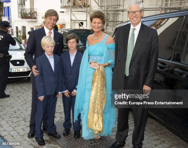Prince Louis of Luxembourg and his sons Gabriel of Luxembourg and Noah of Luxembourg are seen attending the wedding of Marie-Gabrielle of Nassau and...
