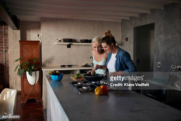 two young women cooking together in loft apartment - hob fotografías e imágenes de stock