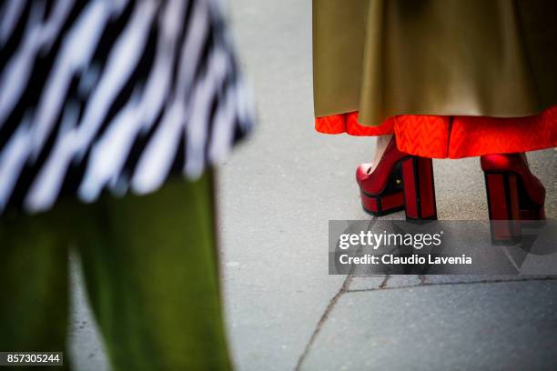 Guest, shoes details, are seen before the Chanel show during Paris Fashion Week Womenswear SS18 on October 3, 2017 in Paris, France.