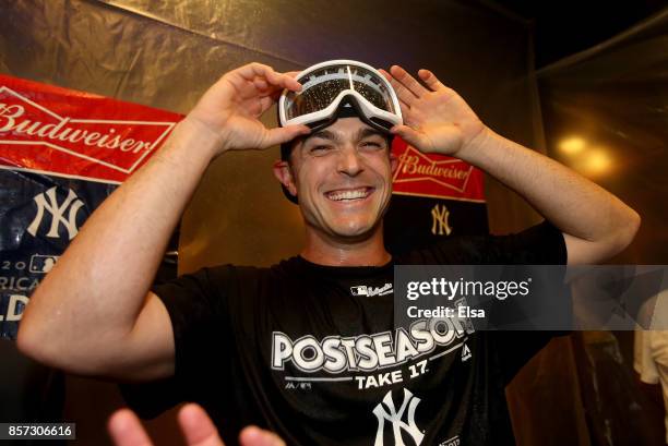 David Robertson of the New York Yankees celebrates the win over the Minnesota Twins during the American League Wild Card Game at Yankee Stadium on...