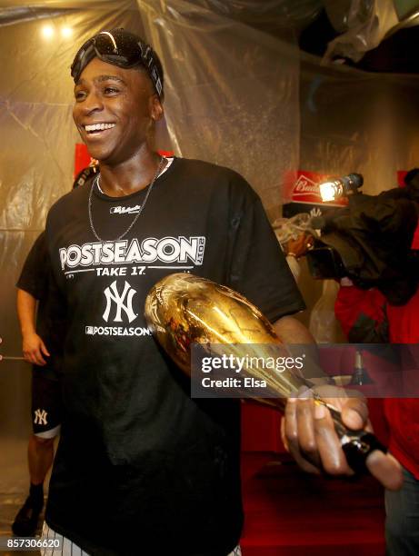 Didi Gregorius of the New York Yankees celebrates the win over the Minnesota Twins during the American League Wild Card Game at Yankee Stadium on...