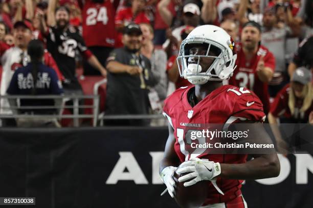 Wide receiver John Brown of the Arizona Cardinals reacts during the NFL game against the San Francisco 49ers at the University of Phoenix Stadium on...