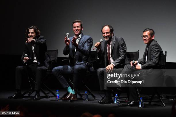 Timothee Chalamet, Armie Hammer, Luca Guadagnino, and Dennis Lim take part in a Q&A following a screening of "Call Me by Your Name" during the 55th...