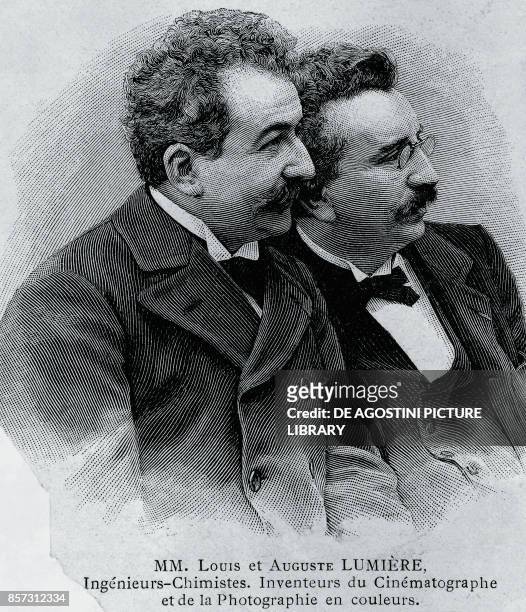 Portrait of Auguste Marie Louis Nicolas Lumiere and Louis Jean Lumiere , French entrepreneurs and inventors of the film projector, engraving from a...