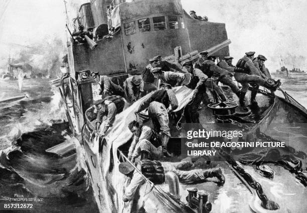 Sailors on a German destroyer attempting to repair a breach in the hull, Battle of Jutland, May 31 illustration by Felix Schwormstadt from...