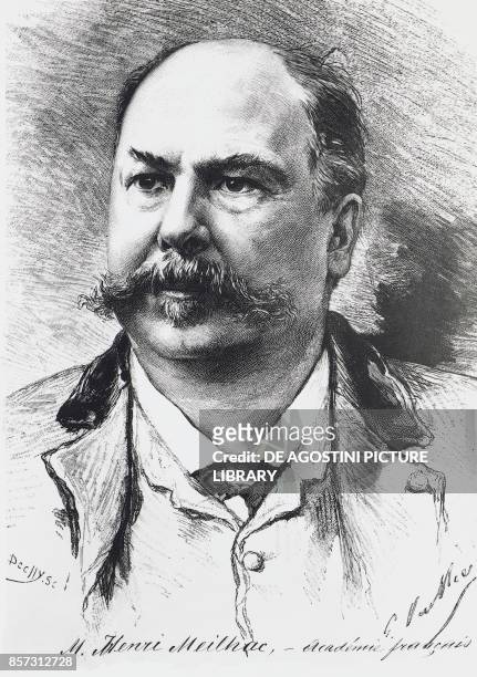 Portrait of Henri Meilhac , French librettist and playwright, woodcut by Dechy from a drawing by Gaston Vuillier .