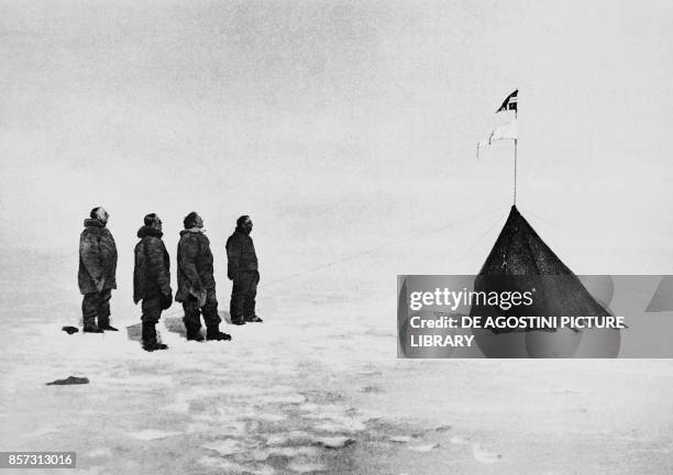Roald Amundsen, Helmer Hanssen, Sverre Hassel and Oscar Wisting in front of the tent erected at the South Pole, December 16 photograph by Olav...
