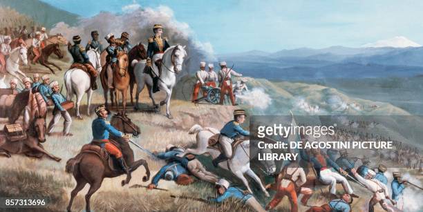 Battle of Ibarra , Simon Bolivar leading rebel troups against the Spanish forces of Agustin Agualongo, fresco in Ibarra town hall, Ecuador, 19th...