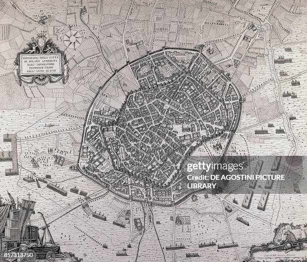 Map of the city of Milan under sieged by Emperor Frederick Barbarossa in 1158, 1778 drawing by Domenico Aspari, Italy.