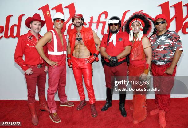 Chad Freeman, James Kwong, J.J. Lippold, Victor Willis, Angel Morales and Sonny Earl of music group Village People attend the Westfield Century City...