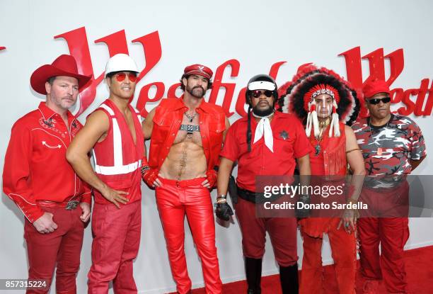 Chad Freeman, James Kwong, J.J. Lippold, Victor Willis, Angel Morales and Sonny Earl of music group Village People attend the Westfield Century City...