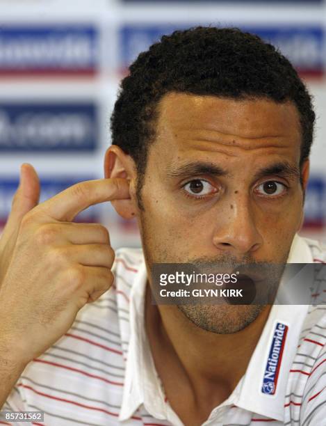 England defender Rio Ferdinand attends a press conference following a training session for the forthcoming World Cup Qualifying match against...