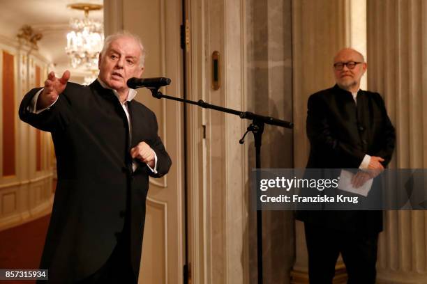 Conductor Daniel Barenboim and Juergen Flimm, outgoing director of Staatsoper attend the Re-Opening of the Staatsoper Unter den Linden on October 3,...