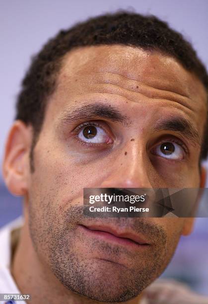 Rio Ferdinand of England speaks to the media during an England Press Conference at the Arsenal Training Ground on March 31, 2009 in London Colney,...