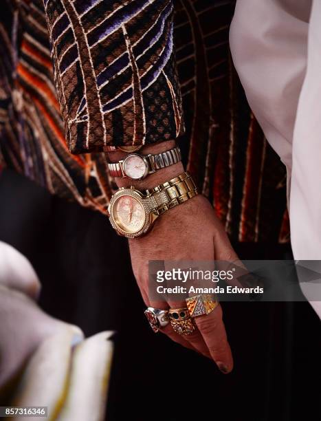 Musician Cole Whittle, jewelry detail, arrives at the grand opening of Westfield Century City at Westfield Century City on October 3, 2017 in Century...