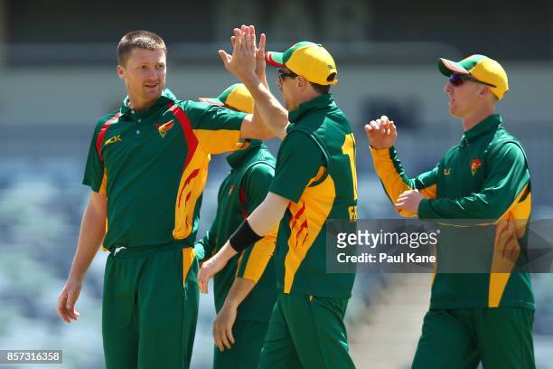 Jackson Bird of the Tigers celebrates the wicket of Will Pucovski of the Bushrangers during the JLT One Day Cup match between Victoria and Tasmania...