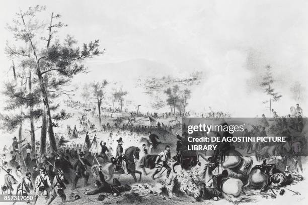 Battle of Gettysburg, victory for the Union forces led by George Gordon Meade and the defeat of General Robert Edward Lee, July 1-3 American Civil...