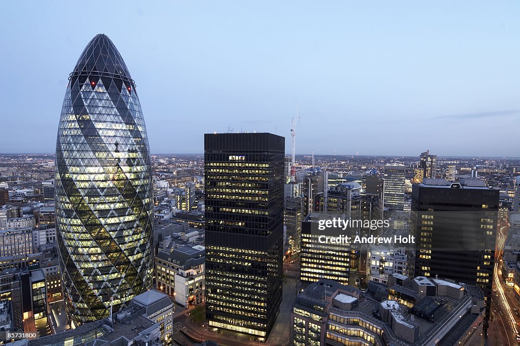 View across London cityscape with Gherkin building