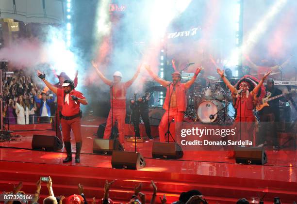 Singing group Village People perform onstage at the Westfield Century City Reopening Celebration on October 3, 2017 in Century City, California.