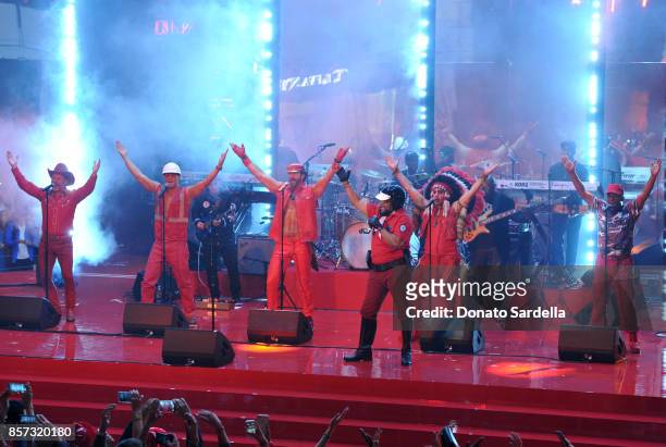 Singing group Village People perform onstage at the Westfield Century City Reopening Celebration on October 3, 2017 in Century City, California.
