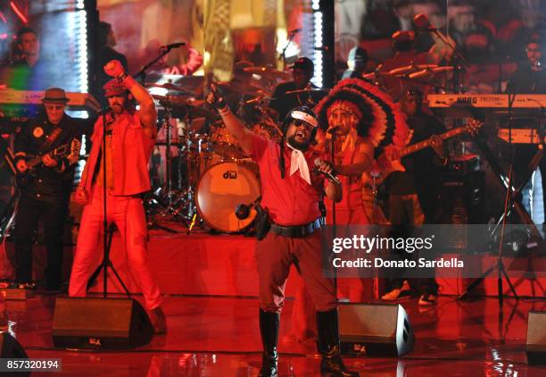 Singing group Village People perform onstage at the Westfield Century City Reopening Celebration on October 3, 2017 in Century City, California.