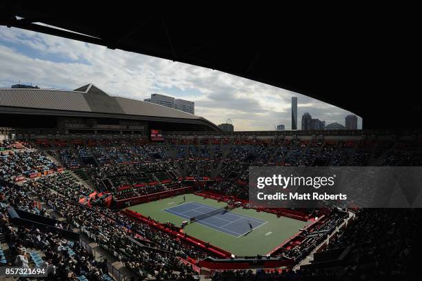 General view during the match betwen Feliciano Lopez of Spain and David Goffin of Belgium during day three of the Rakuten Open at Ariake Coliseum on...