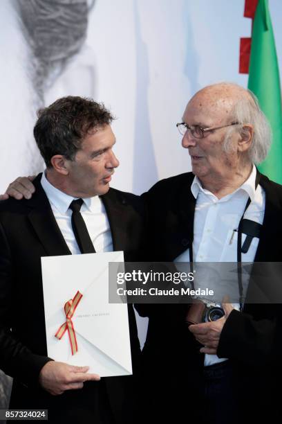 Antonio Banderas, Carlos Saura attends the National Cinema Award during 65th San Sebastian Film Festival at Prisma-Tabakalera on September 23, 2017...