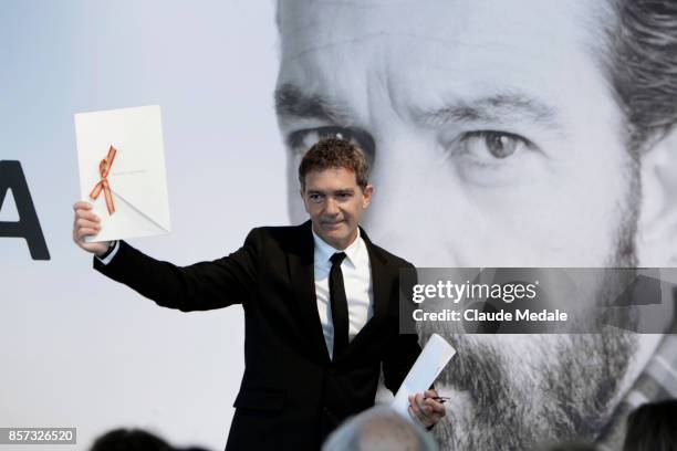 Antonio Banderas receives the National Cinema Award during 65th San Sebastian Film Festival at Prisma-Tabakalera on September 23, 2017 in San...