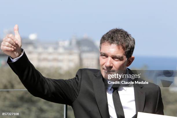 Antonio Banderas receives the National Cinema Award during 65th San Sebastian Film Festival at Prisma-Tabakalera on September 23, 2017 in San...