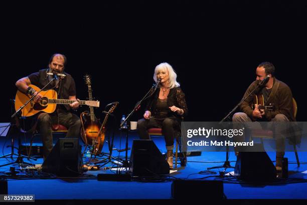 Steve Earle, Emmylou Harris and Dave Matthews perform on stage during Lampedusa Concerts for Refugees tour at The Moore Theatre on October 3, 2017 in...