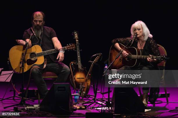 Steve Earle and Emmylou Harris perform on stage during Lampedusa Concerts for Refugees tour at The Moore Theatre on October 3, 2017 in Seattle,...