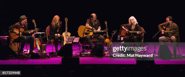 David Pulkingham, Patty Griffin, Steve Earle, Emmylou Harris and Dave Matthews perform on stage during Lampedusa Concerts for Refugees tour at The...